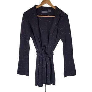 MARK SHALE Vintage Black Speckled Wrap Cardigan Sweater Tie Belt Wool Blend Lg